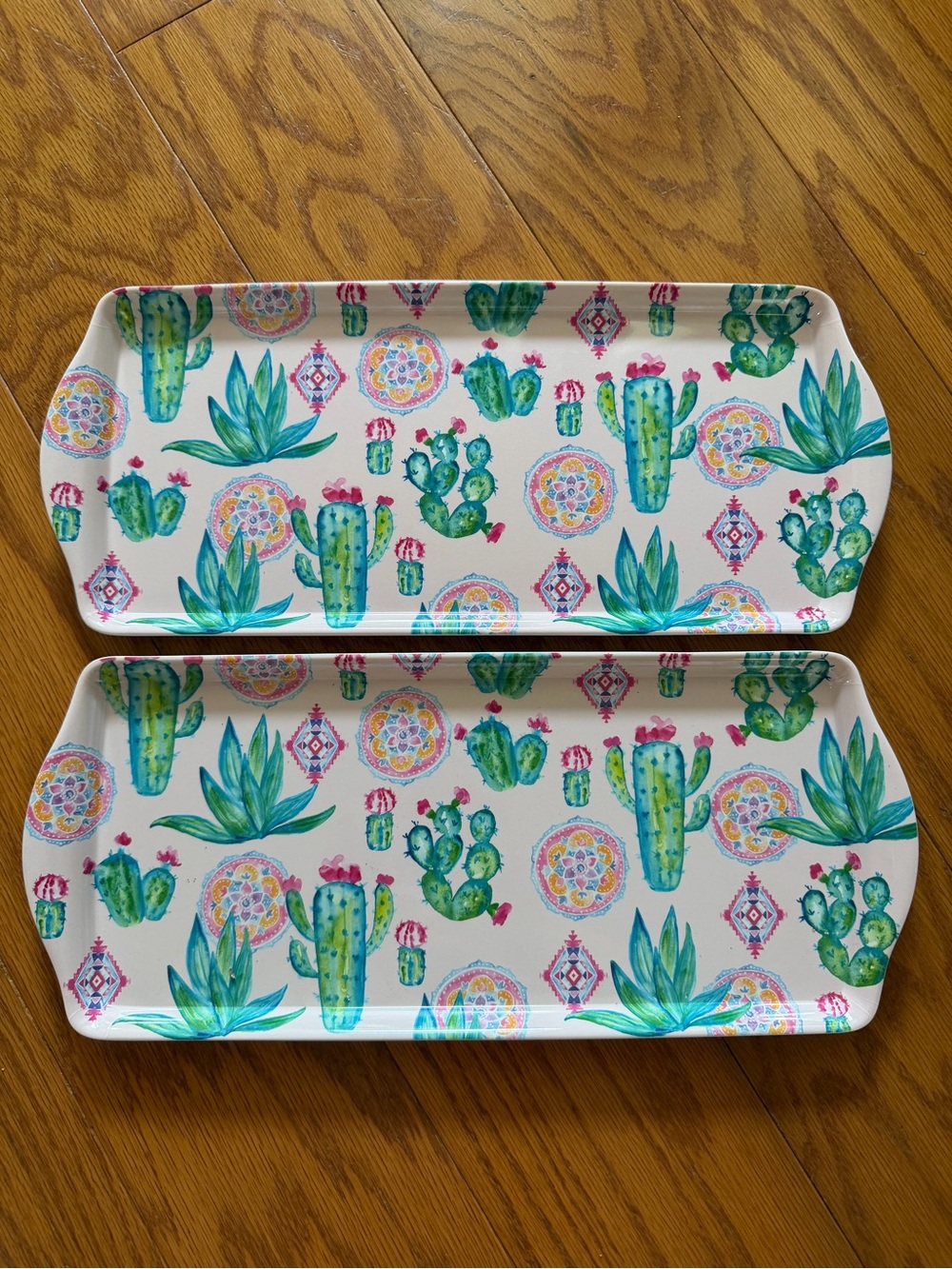 Lot of 2 Kensie Home Serving Tray with Green Cactus & Aqua Succulent Motifs